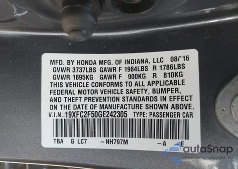 2016 Honda Civic Lx из США, поврежденный, VIN 19XFC2F50GE242305